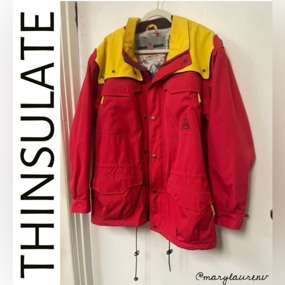 Vintage 90s SOS Colorblock Ski Jacket Red Yellow Thinsulate Men's S - Picture 2 of 9